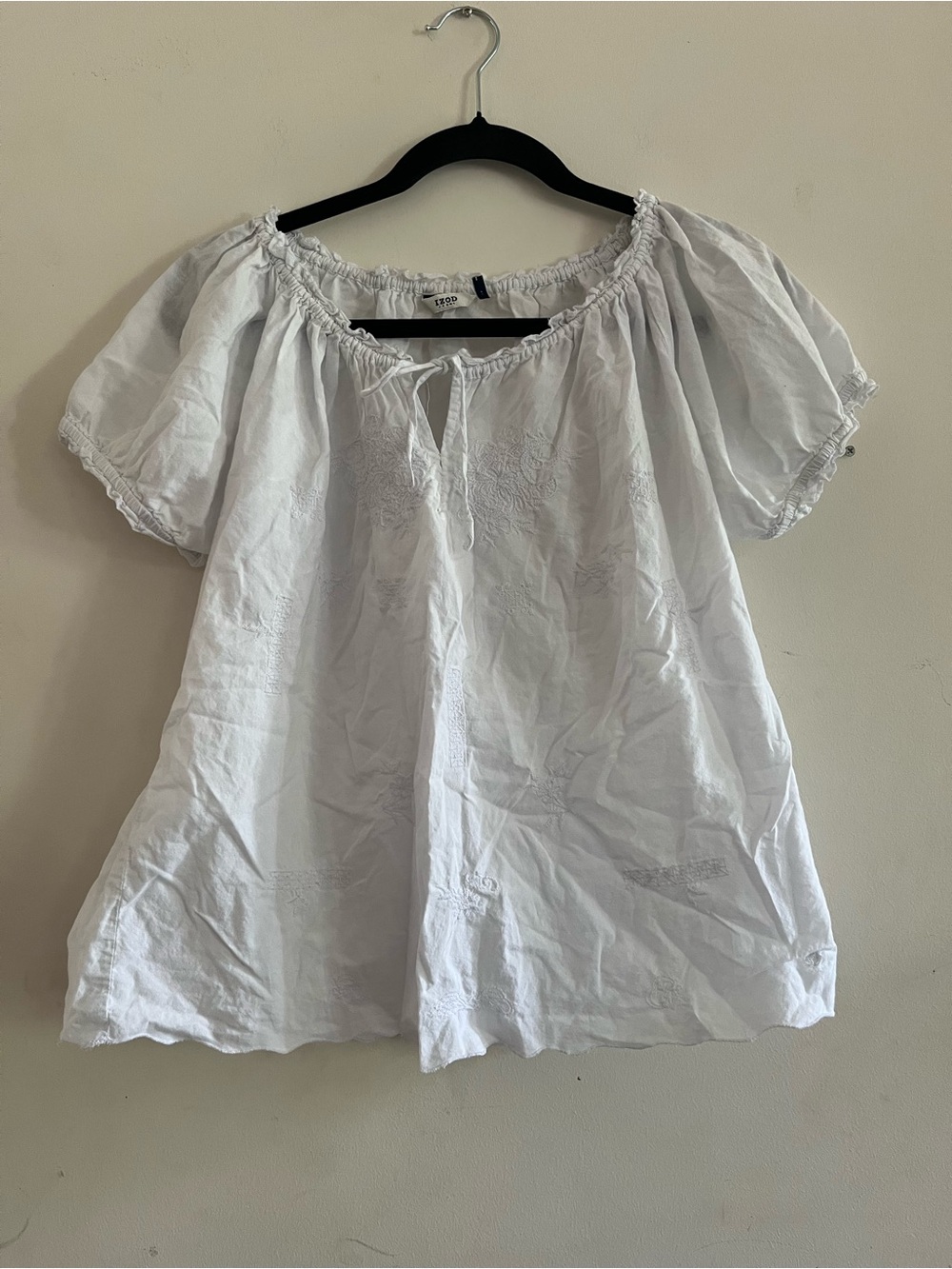 Izod White 100% Cotton Peasant Top Large Puff Sleeve Embroidered Cottagecore